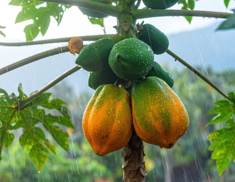 Ripe papaya fruits hanging on tree during tropical rain.