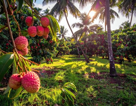 Ripe lychee fruit on trees.