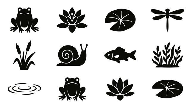 Collection of pond life silhouettes including frogs, lotus flowers, lily pads, dragonflies, cattails, snails, fish, and water ripples.