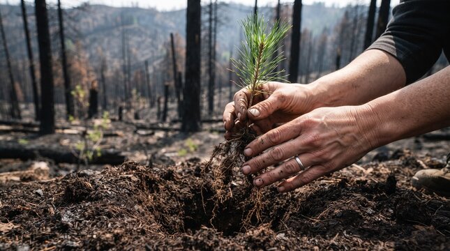 Hands planting a new sapling in burnt forest ground, symbolizing reforestation and hope after wildfire.