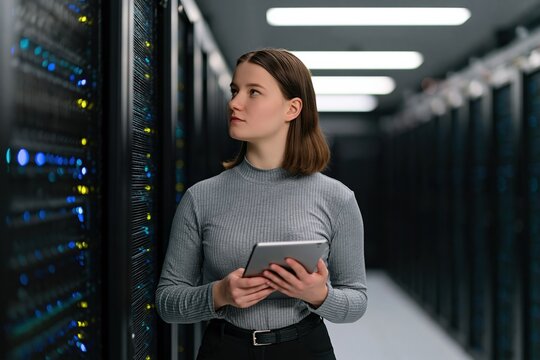 Server technician woman monitoring network hardware in a modern data center cloud