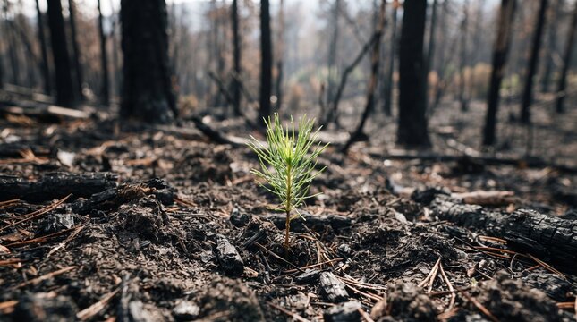 Hopeful New Growth: Tiny Pine Sapling Sprouts in Burnt Forest After Wildfire
