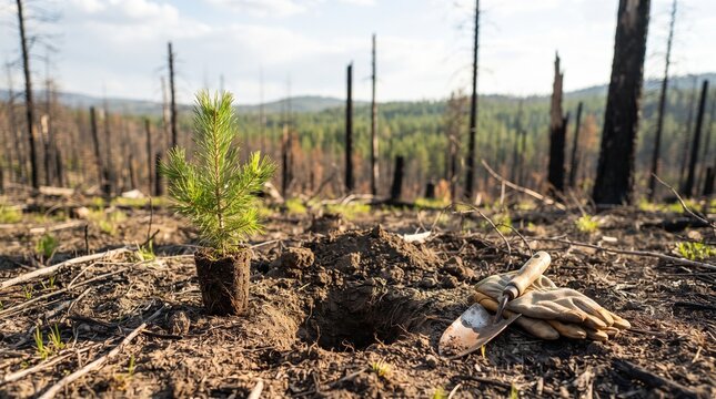 Reforestation efforts: planting a young pine tree sapling in a burnt forest landscape with gardening tools nearby