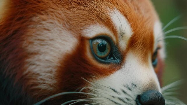 Extreme macro footage of one beautiful red panda eye with a deep elegant teal iris