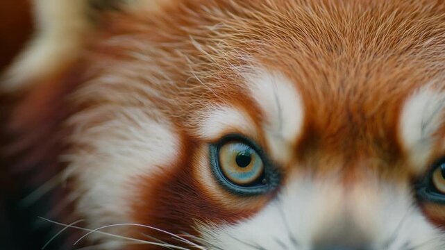 Extreme macro footage of one beautiful red panda eye with a bright aqua-blue iris