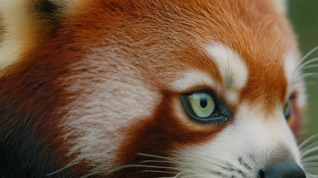 Extreme macro footage of one beautiful red panda eye with a delicate mint-green iris