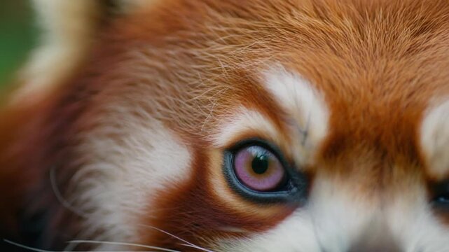 Extreme macro footage of one beautiful red panda eye with a soft lavender-purple iris