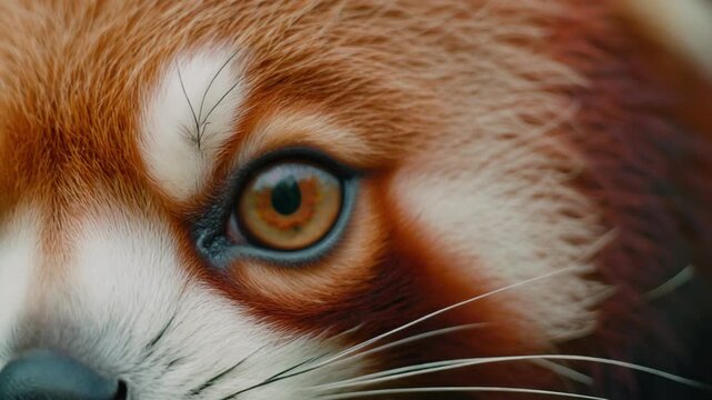 Extreme macro footage of one beautiful red panda eye with a naturally luminous rose-gold iris