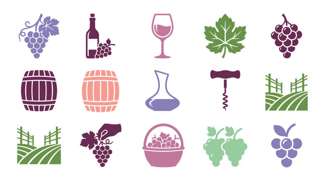 Wine and grapes icons set collection.