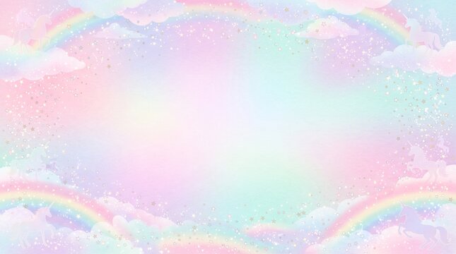 Pastel unicorn fantasy background with rainbow, clouds, and sparkling stars frame