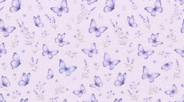 Seamless pattern with watercolor purple butterflies and lavender flowers on a light lilac background