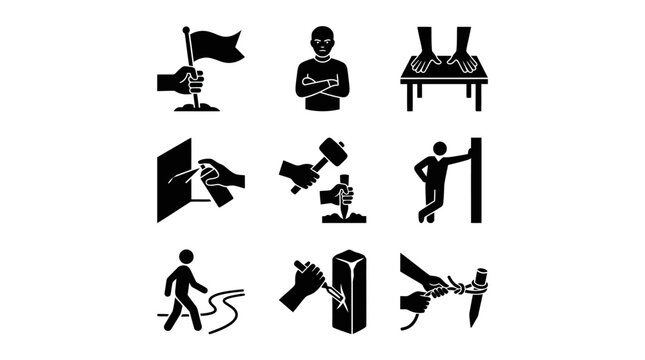 Black silhouettes of various people actions.