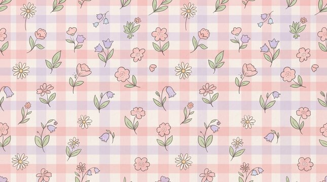 Seamless pattern with handdrawn cute flowers and leaves on a soft pastel pink and purple gingham checkered background