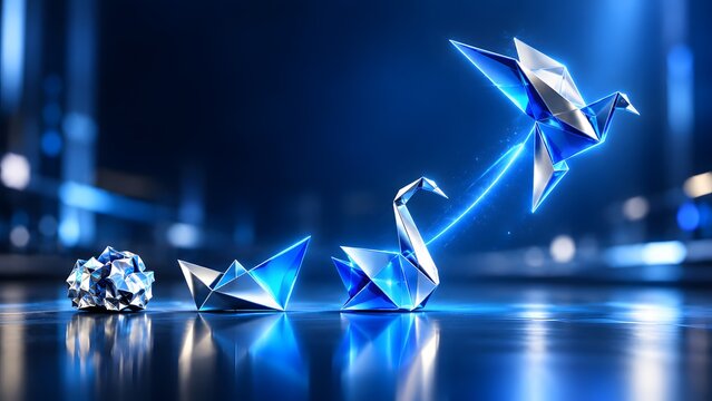 Glowing metallic origami transforming from crumpled ball to flying swan. Concept of business evolution and disruptive innovation.