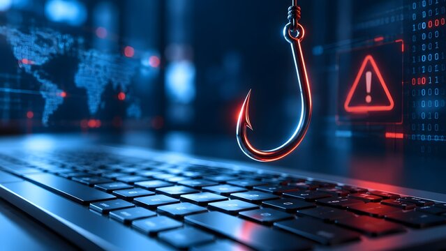 Fishing hook over a glowing computer keyboard with warning signs. Concept of cyber security risk and digital phishing attack.