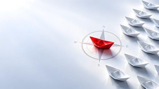 Red paper boat leading a group of white boats over a compass. Concept of business leadership and strategic navigation.