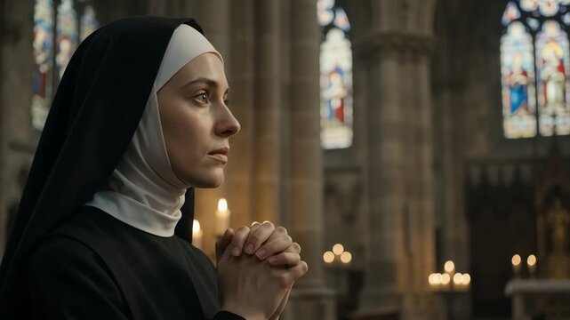 Young nun praying with folded hands inside a solemn cathedral