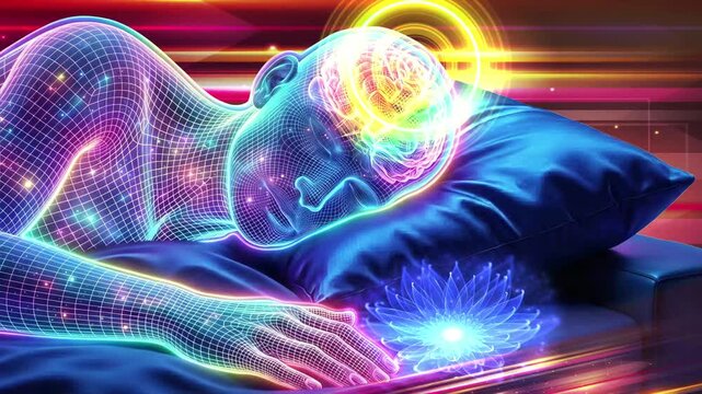 Digital Human Sleeping with Colorful Glowing Brain Activity and Lotus Light, Meditation and Mind Concept