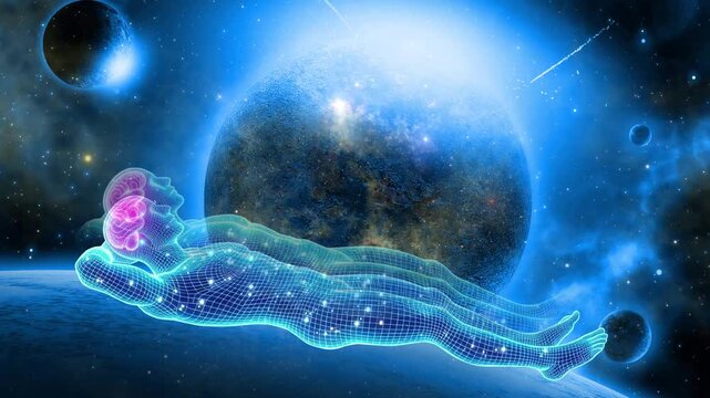 Digital Humans Floating in Space with Glowing Pink Brains Near Planet, Cosmic Consciousness Concept