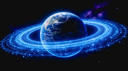 Fototapeta premium Imaginary Earth with Glowing Blue Planetary Rings in Outer Space