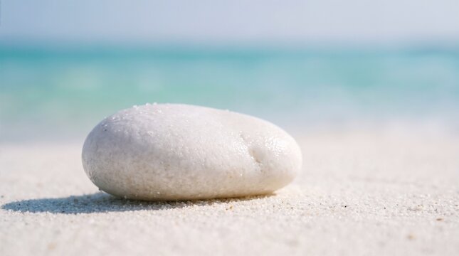 Close up view of a smooth round white pebble on textured sand under bright sunlight, zen meditation concept and peaceful tropical summer beach background