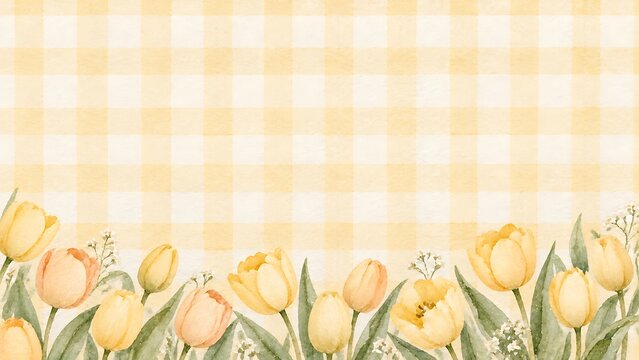 Watercolor yellow tulips border on a soft gingham patterned background, spring floral frame with copy space for text