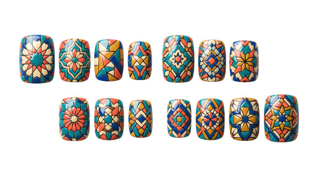 Aztec nail art designs, geometric nail art concept. Ornamental manicure idea. Boho, bohemian, tribal shape. Retro pattern for nail salon tips. Trendy, ethnic, artistic make-up collection.
