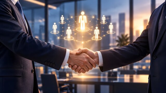 B2b corporate business partnership handshake with digital human network structure overlay