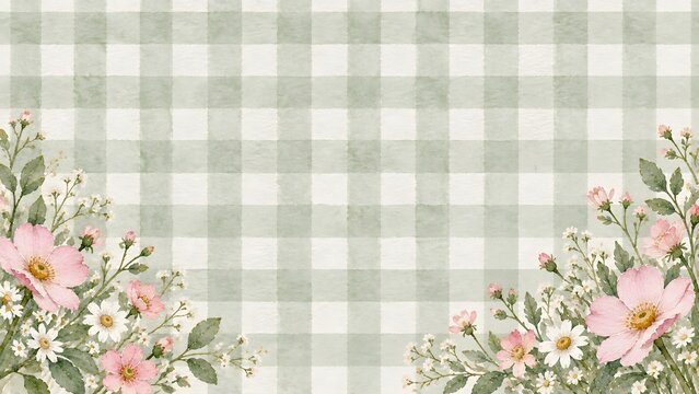 Watercolor floral frame with pink wild roses and small white flowers on a soft sage green gingham checkered background