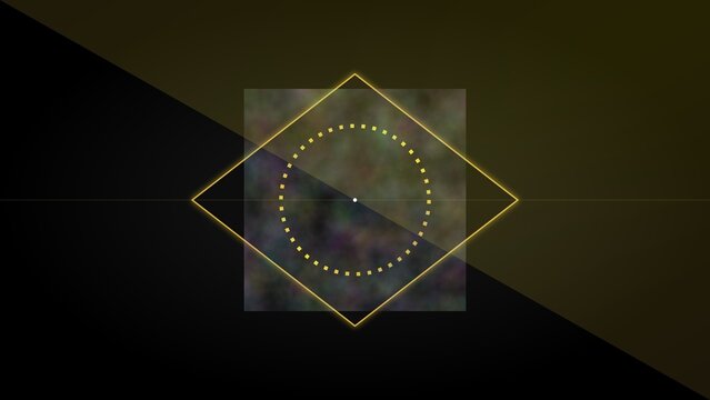 Abstract dark geometry background with glowing square frame and dotted circle
