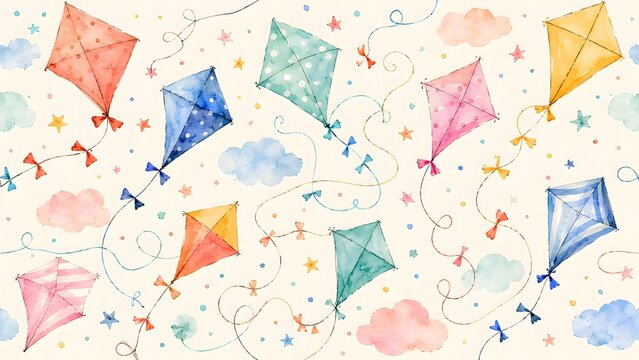 Seamless pattern with watercolor kites and clouds on a light background