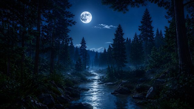 Full moon shining over a serene forest river at night with misty atmosphere and pine trees reflecting in the calm water