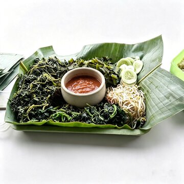Indonesian pecel vegetables, traditional food on banana leaf