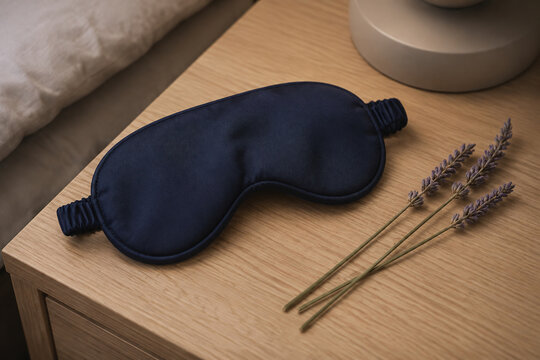 Fabric sleep mask and lavender on a bedside table