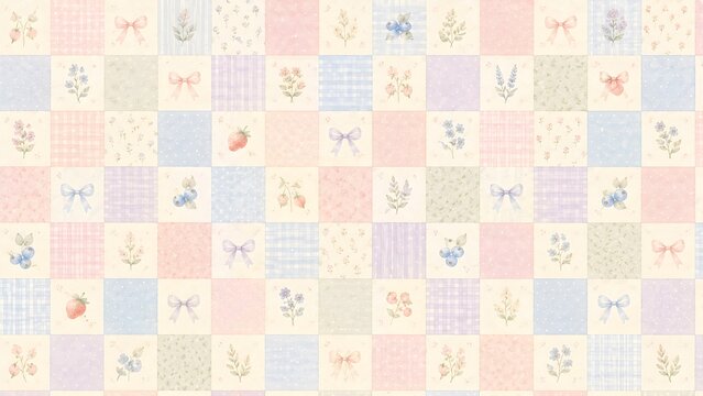 Seamless pattern with cute patchwork squares featuring strawberries, flowers, and ribbons in soft pastel colors for nursery decor