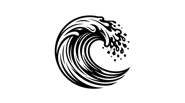 Black and white stylized ocean wave illustration.