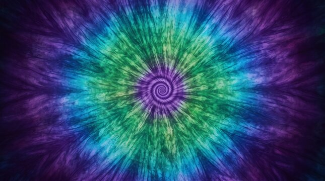 Tie dye spiral background with vibrant purple, blue and green colors forming a mesmerizing abstract pattern