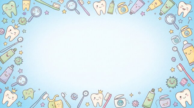 Cute dental care background with kawaii teeth, toothbrushes, toothpaste, and dental floss icons on a light blue gradient backdrop