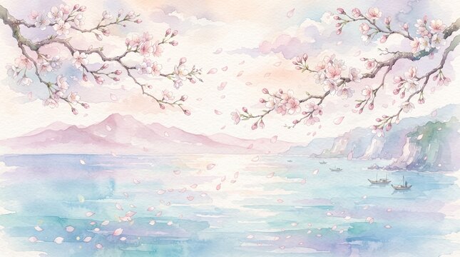 Watercolor painting of cherry blossoms over a serene coastal landscape with mountains and small boats in a soft pastel sunset sky