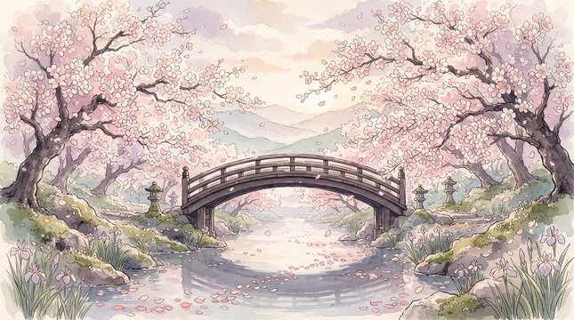 A picturesque wooden bridge arches gracefully over a serene river, surrounded by blooming cherry blossom trees in full spring splendor