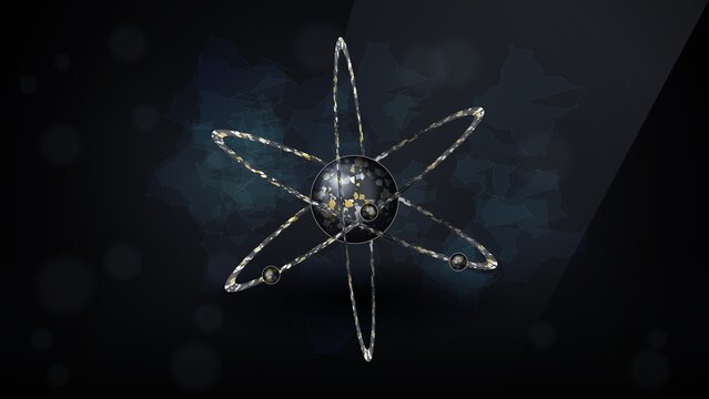 Glowing 3d atom model with orbiting electrons against a dark abstract background