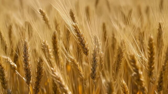 Field of ripe wheat moving continuously in a steady breeze