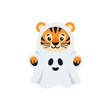 Cute tiger cub in a ghost costume, isolated
