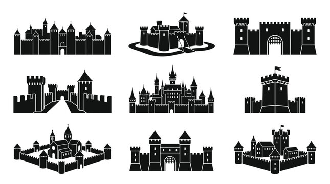 Collection of various castle silhouettes.