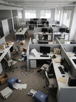 High angle view of a messy modern open plan office with cubicles.