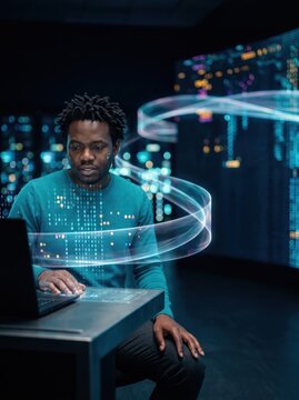Specialist working a suspended holographic panel at a data wall