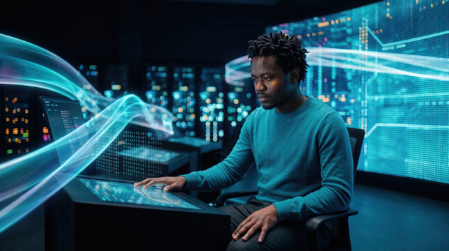 Specialist working a suspended holographic panel at a data wall