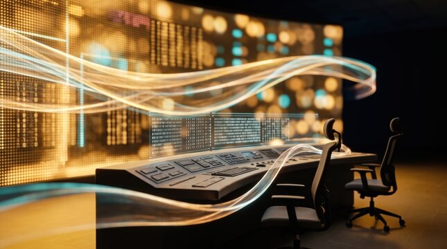 Empty control console with a floating holographic display