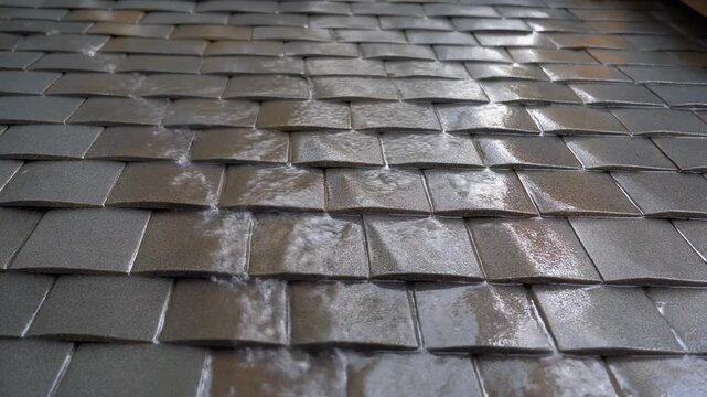 Shingle roof surface with water flowing steadily across it