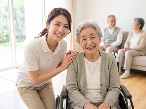 車椅子のシニア女性と笑顔で見守る若い介護スタッフ